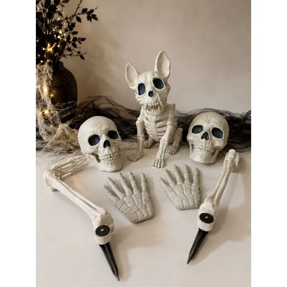 Vintage Halloween Skeleton Yard Decor Lot Dog, 2 Skulls, Spooky Prop Set